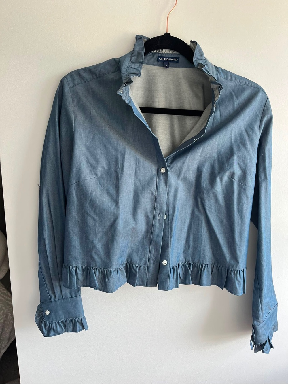 Gibson Denim-Look Ruffle Hem Button Front Blouse - Blue